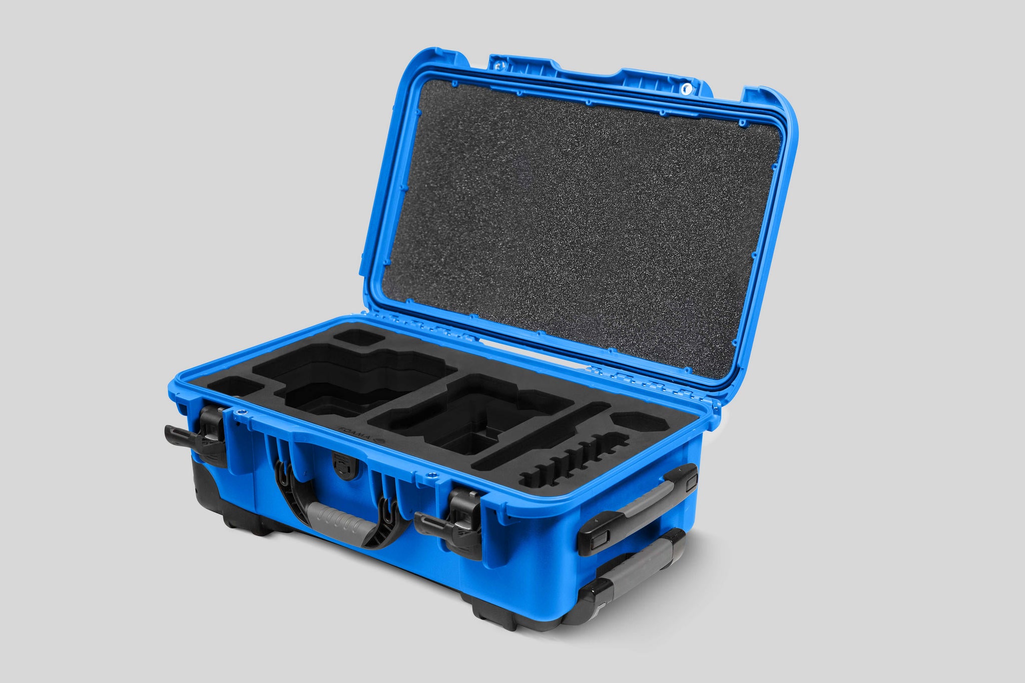 Angled View of a Red Raptor-X Blue Color Carry-on Case with Custom Black Foam Insert