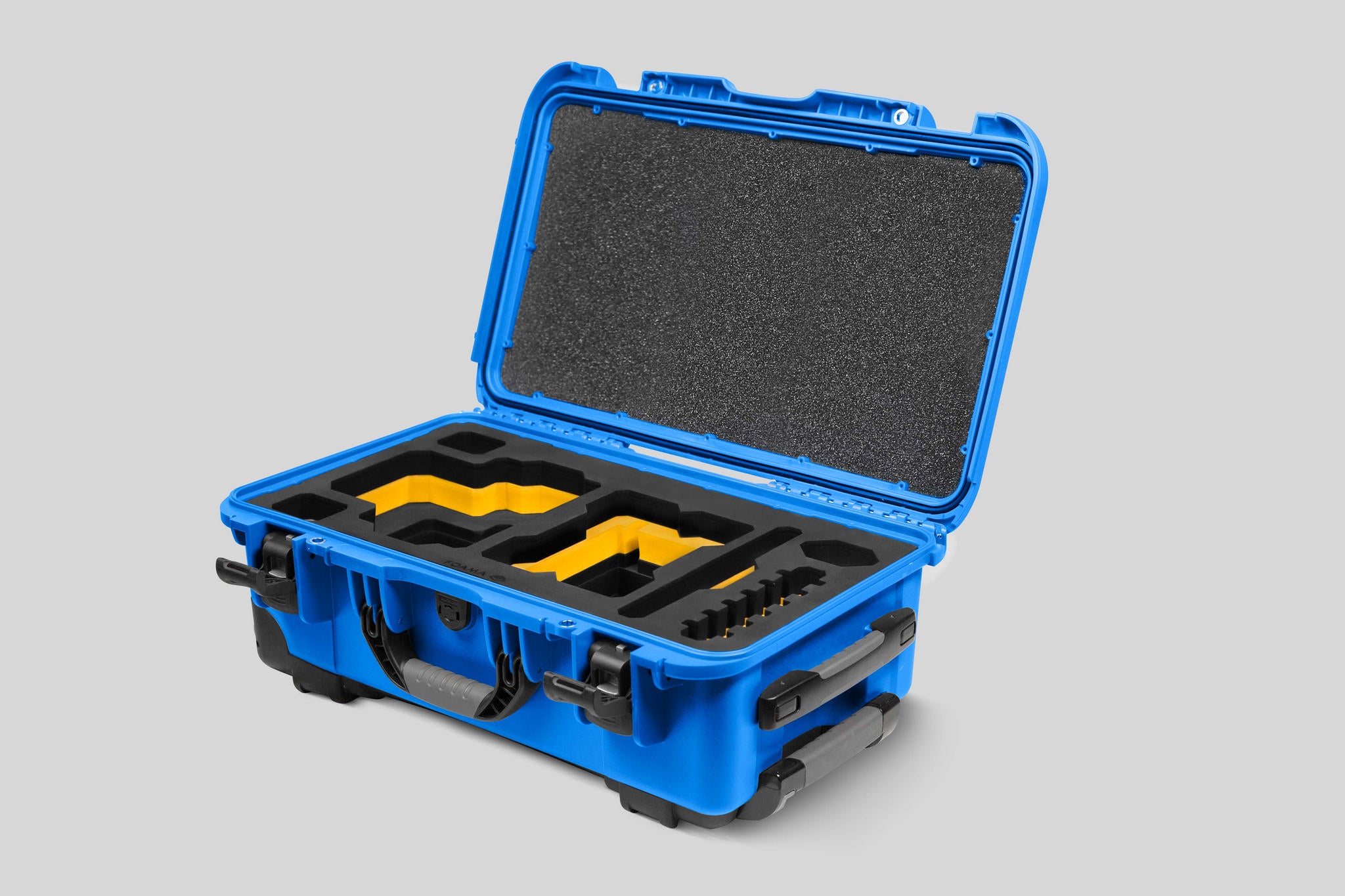 Angled View of a Red Raptor-X Blue Color Carry-on Case with Custom Yellow Foam Insert