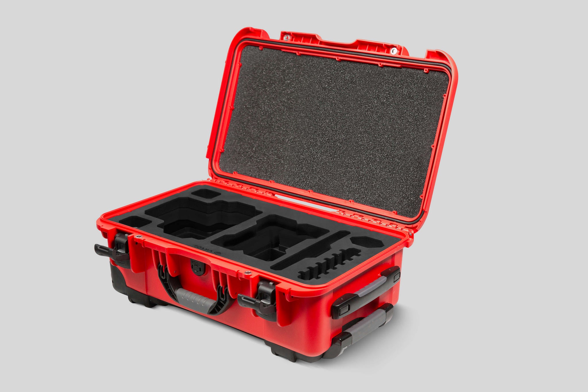 Angled View of a Red Raptor-X Red Color Carry-on Case with Custom Black Foam Insert