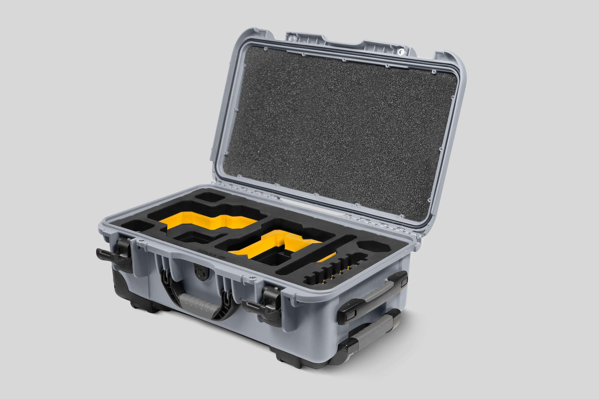 Angled View of a Red Raptor-X Silver Color Carry-on Case with Custom Yellow Foam Insert